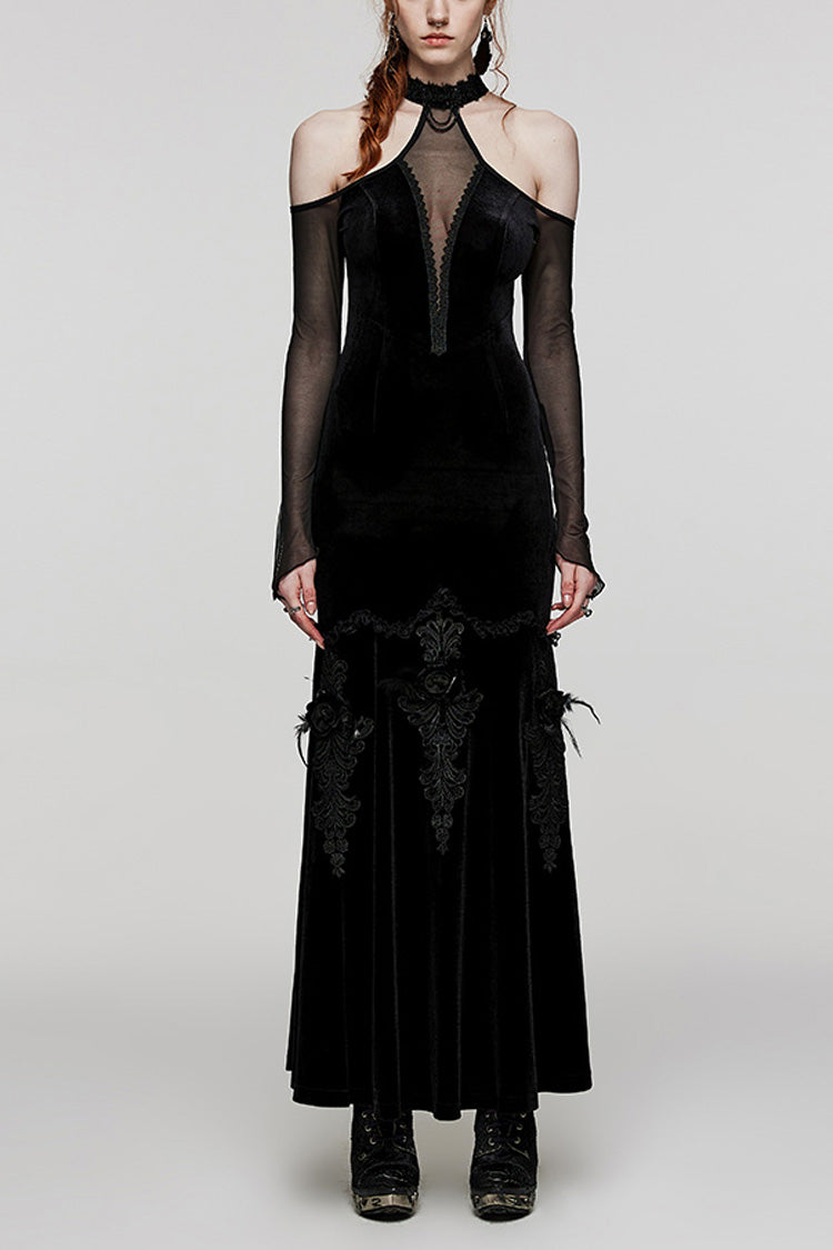 Gothic Mesh Dress with Off-Shoulder Hollow Stitching and V-Collar