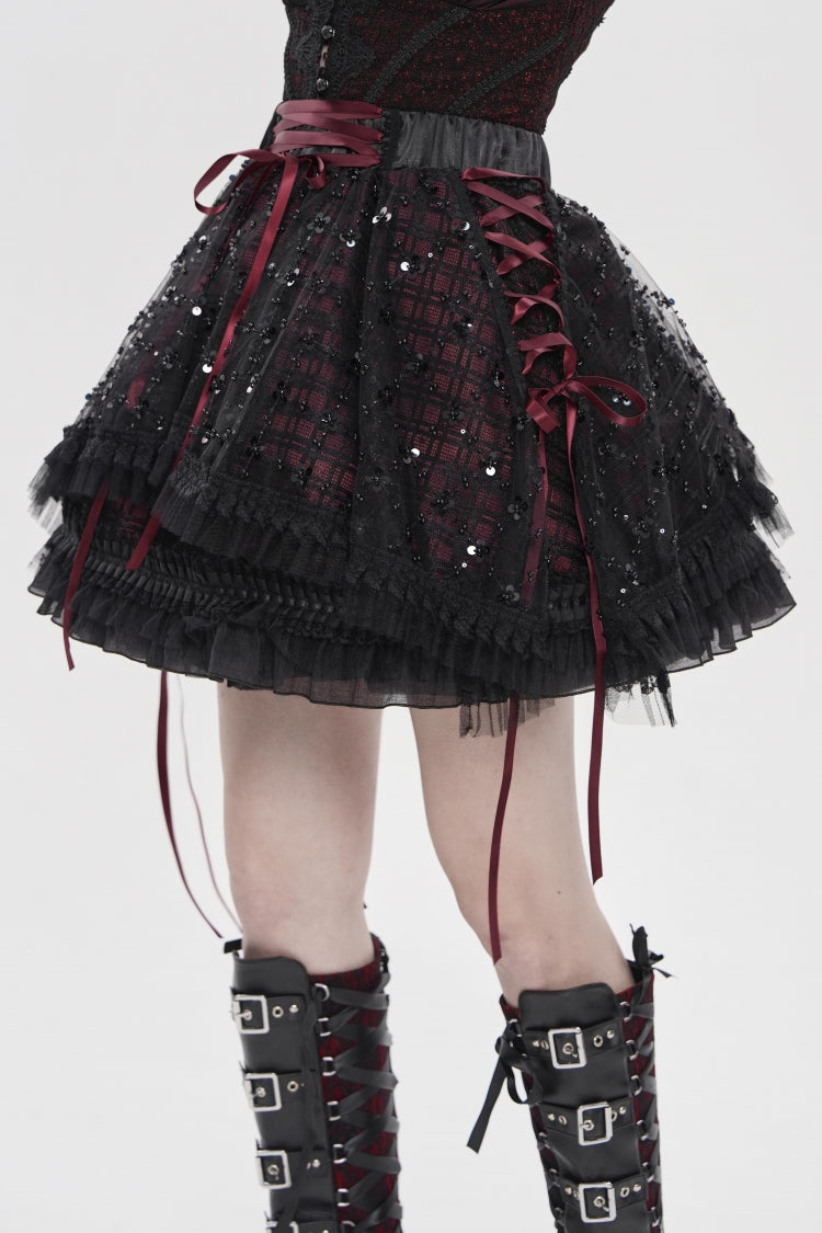 Crimson & Noir Multi-Layer Lace-Up Gothic Skirt