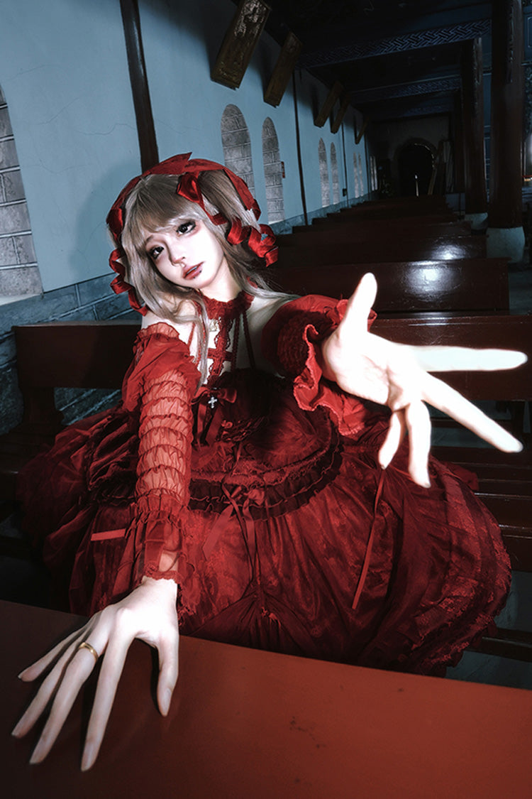 Burgundy Cross-Strap Bow Lace Princess Gothic Lolita Gown