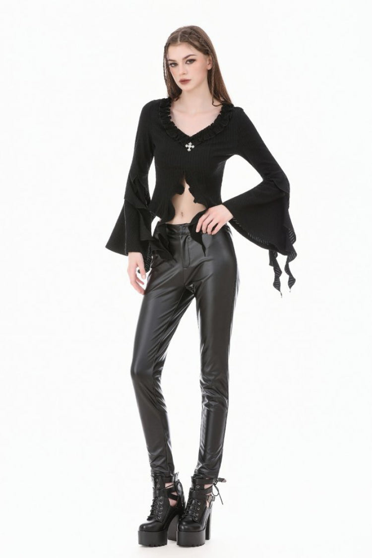 Women's Gothic Crop Top with Ruffled V-Neck, Split Trumpet Sleeves and Streamer