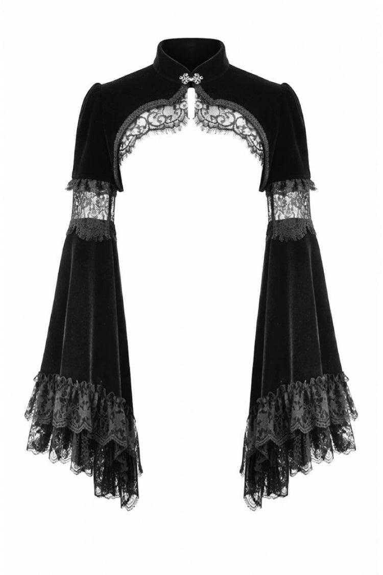 Gothic Shrug with Keyhole Mandarin Collar, Velvet Lace Splice & Flare Sleeves