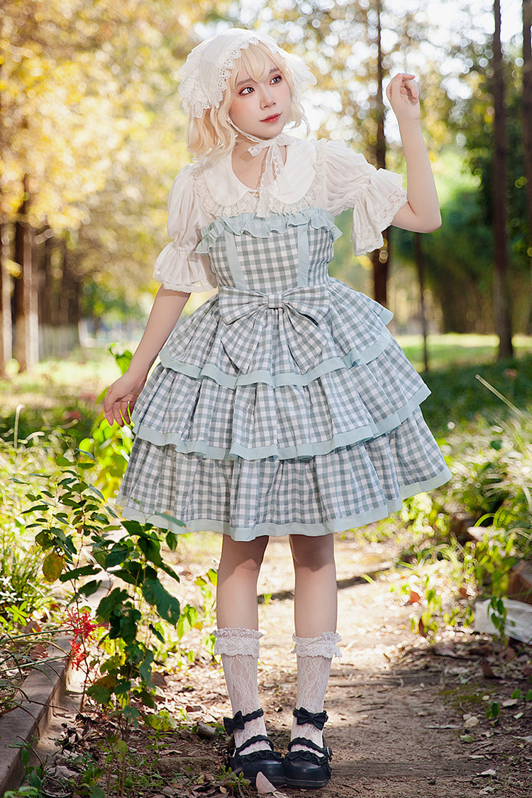 Triple-Layered Tartan Bow-Adorned Sweet Princess Gown with Ruffles - Cloth Cat