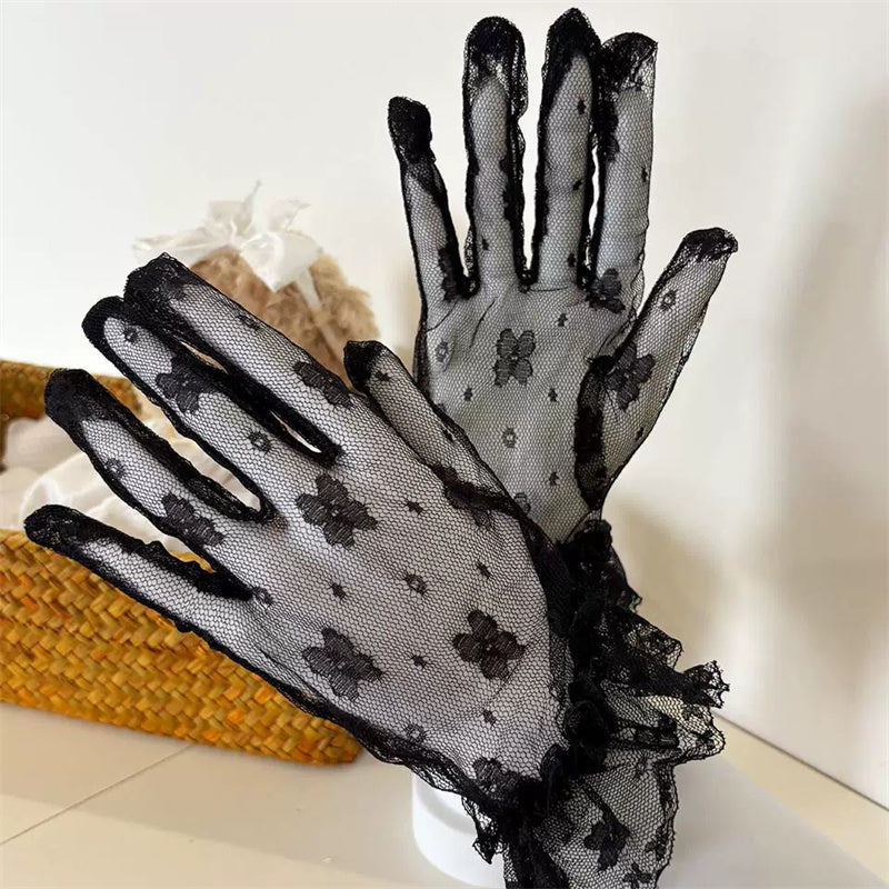 Lace Mesh Gloves with Butterfly Embroidery