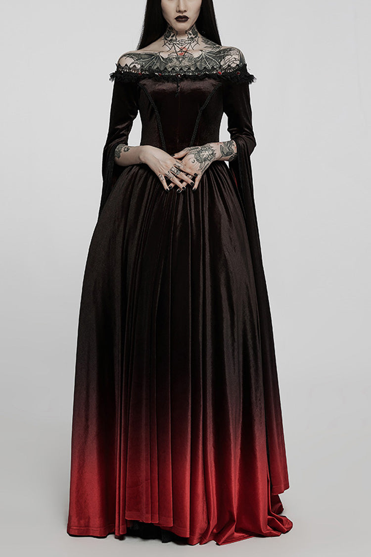Crimson & Noir Off-Shoulder Long Flared Sleeve Ombre Lace Gothic Gown