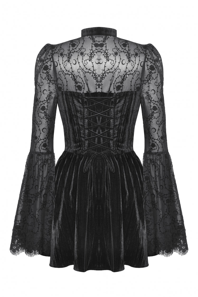 Floral Jacquard Lace-Up Mini Dress with Trumpet Sleeves and Cut-Outs
