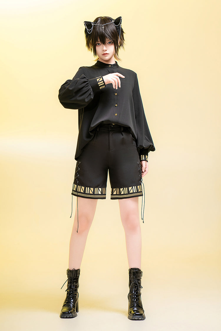 Long Sleeve Embroidered Ouji Gothic Blouse - Black Cat