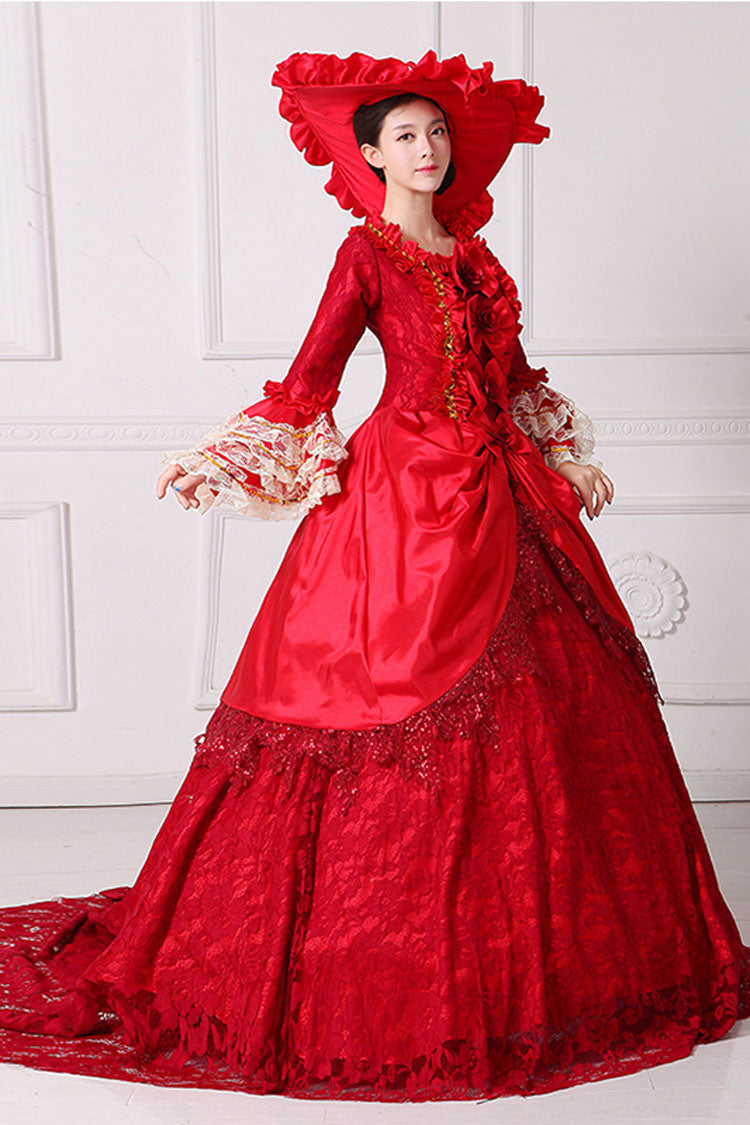Crimson Victorian Prom Dress with Lace Stitching and Floral Embroidery