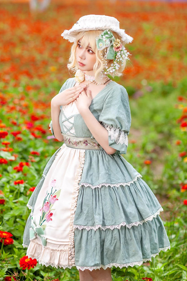 Elegant Lolita JSK with Tulip Print and Multi-Layer Embroidery