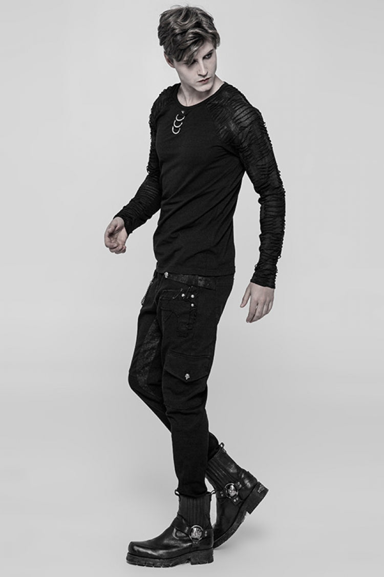 Men's Steampunk Tee with Metal D-Buckle and Ripped Detail, Long Sleeve