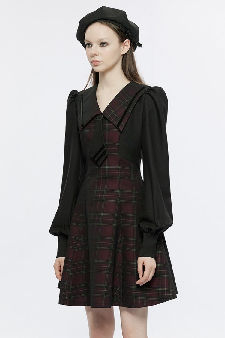 Crimson Noir Detachable Lace-Up Lantern-Sleeve Plaid Punk College Dress