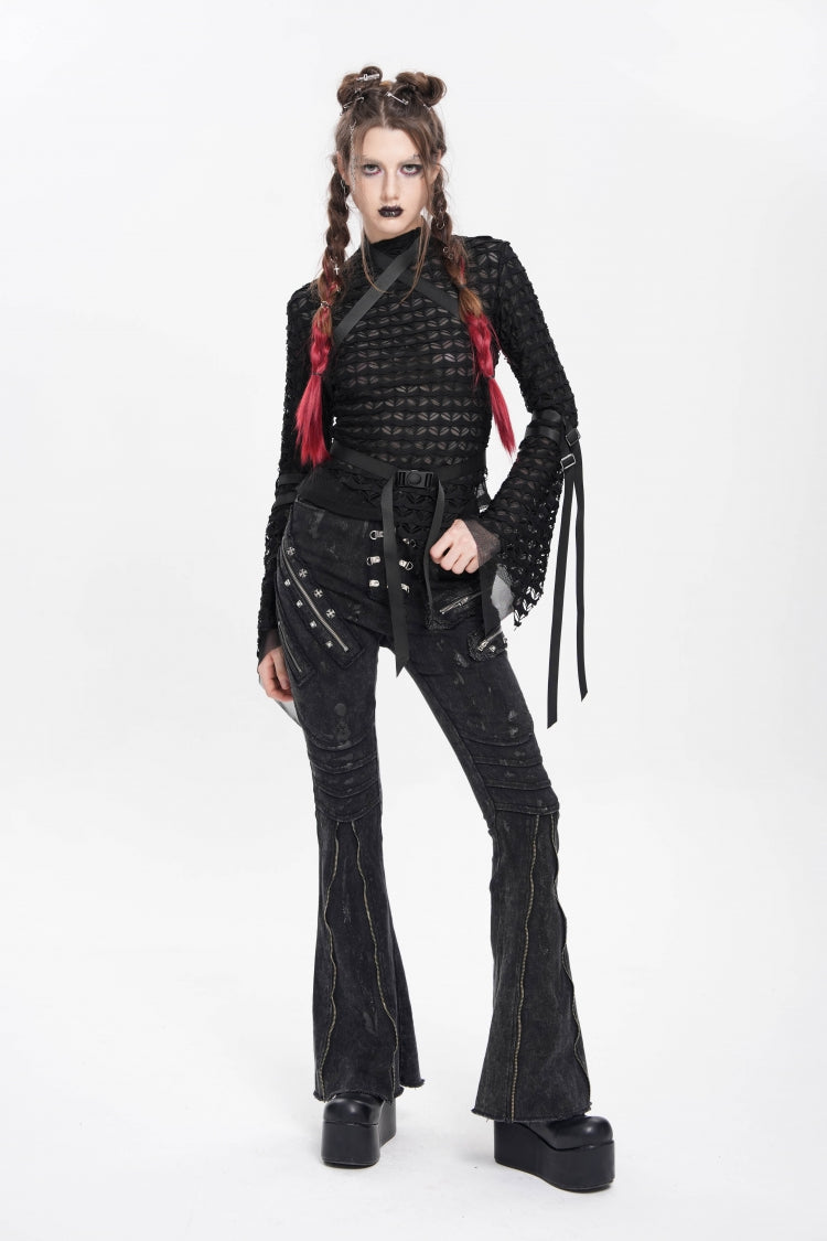 Edgy Flared Trousers with Zips and Pleats for Women - Noir