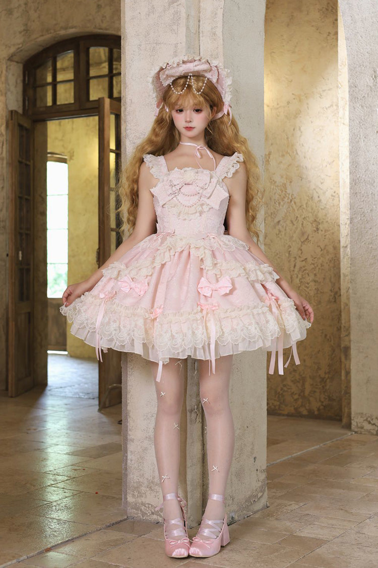 Blossoming Heart Love Sleeveless JSK, Dark Jacquard Print Bowknot Lace Sweet