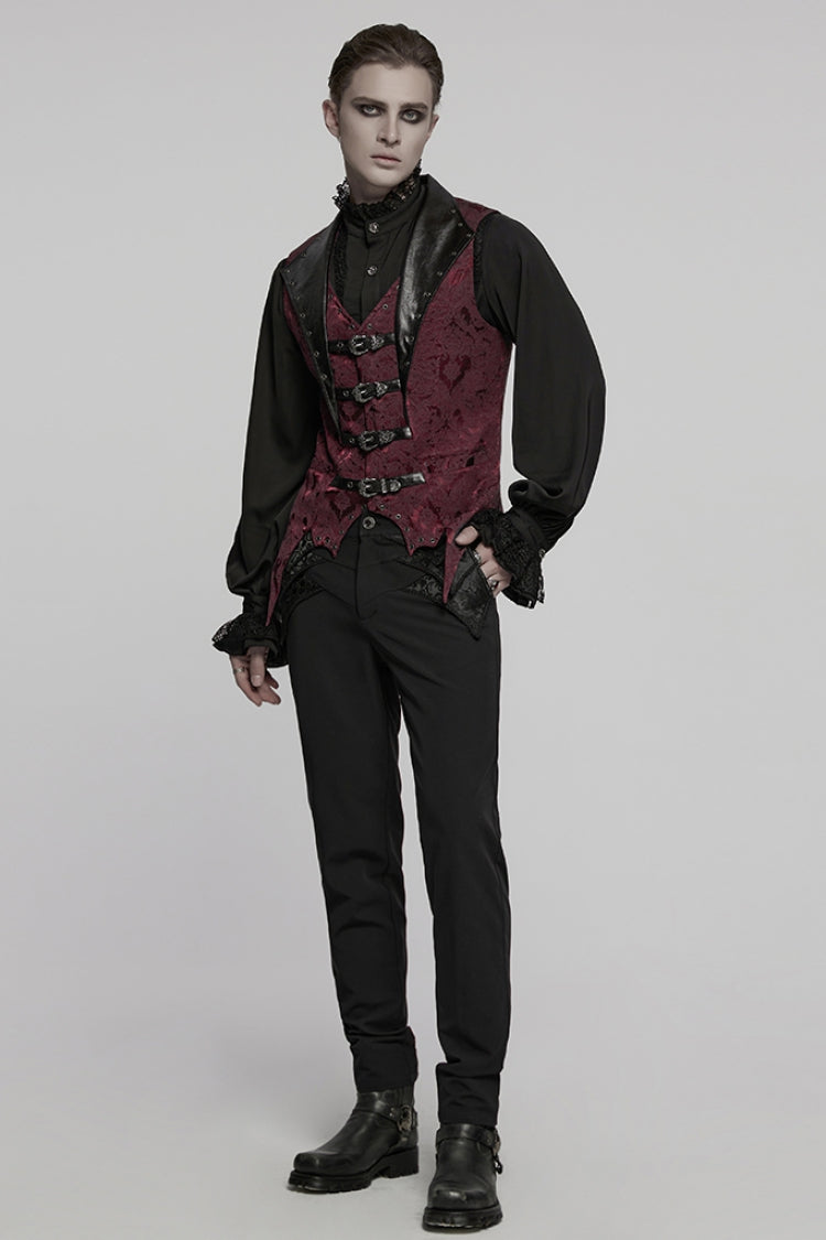 Crimson Noir Sleeveless V-Neck Buckle Jacquard Gothic Vest for Men