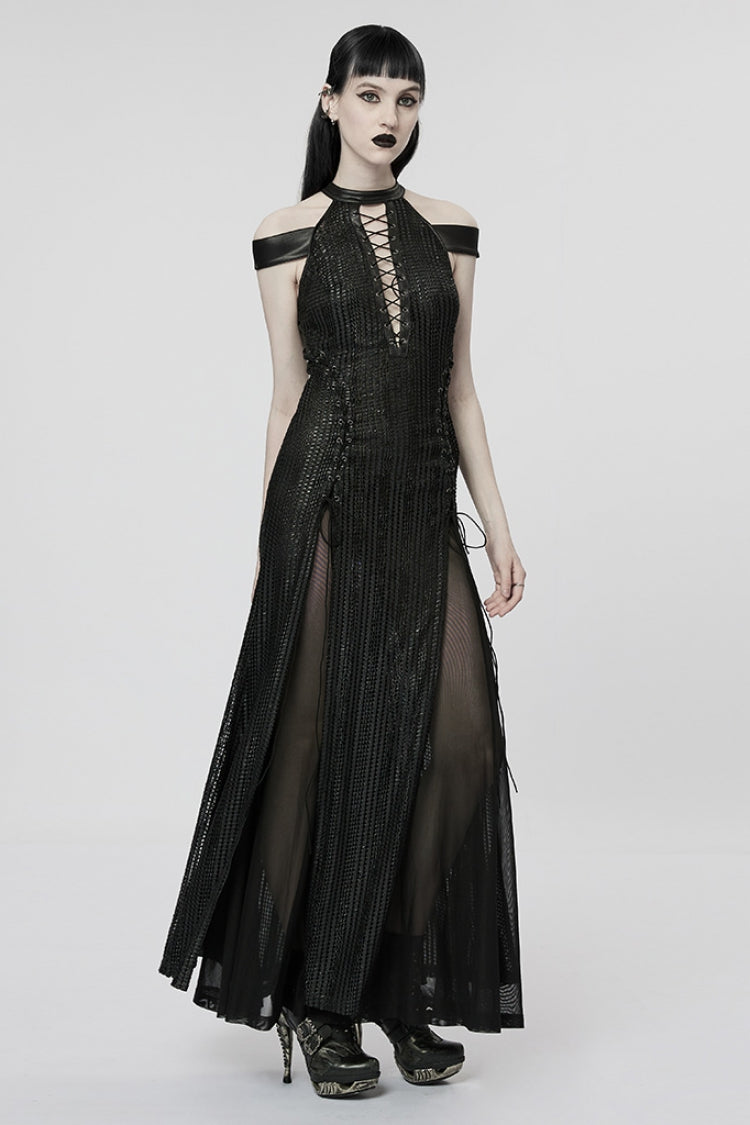 Mesh Gothic Dress with Detachable Cape and Side Slit