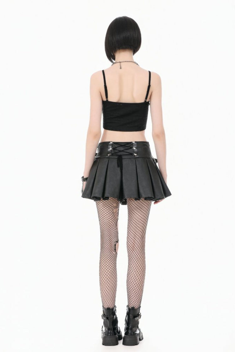 Women's Punk Pleated Skirt with Belt, Chain and Cross Lace-Up Decoration