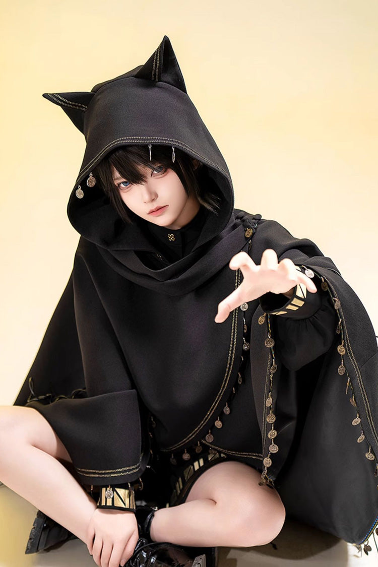 Hooded Ouji Gothic Cloak with Cat Ears Embroidery - Black Cat