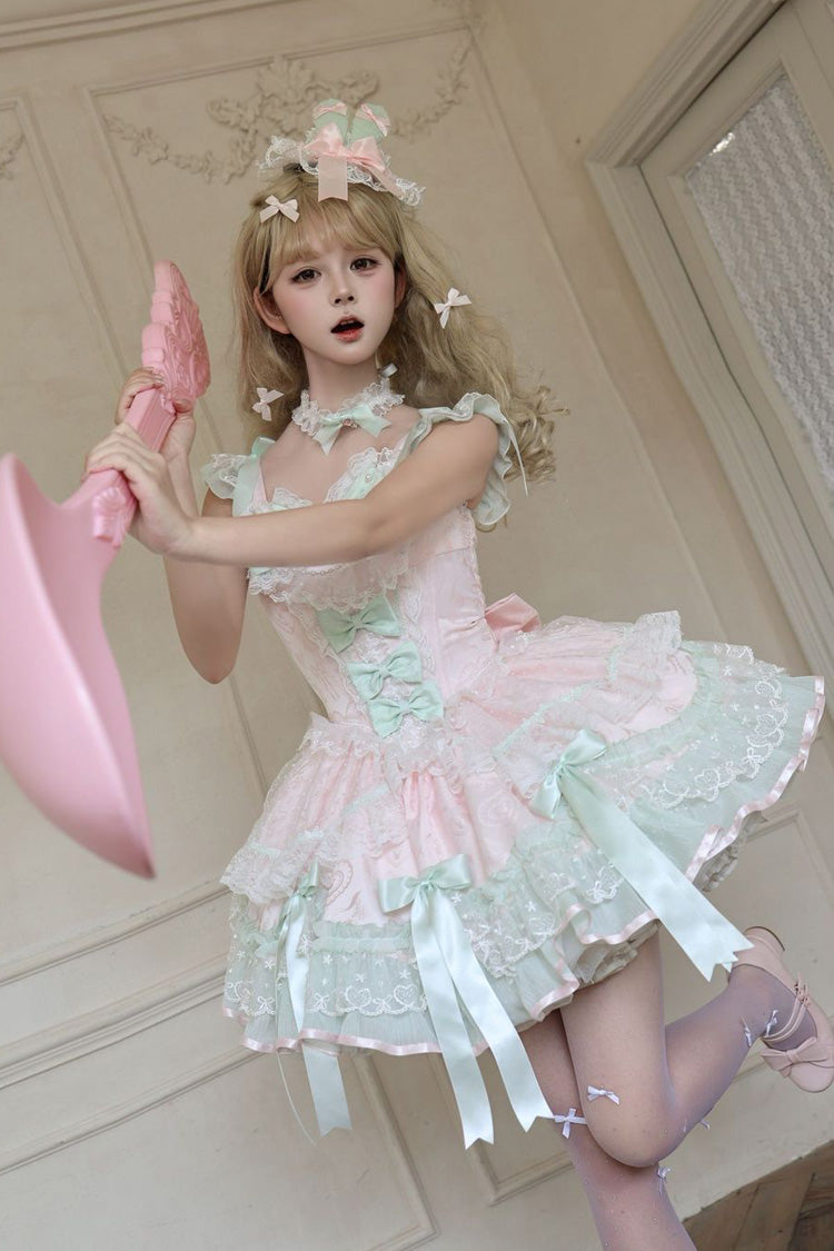 Candy Satin Ballet Square Collar Sleeveless Multi-Layer Ruffle Bow Pearl Lolita JSK