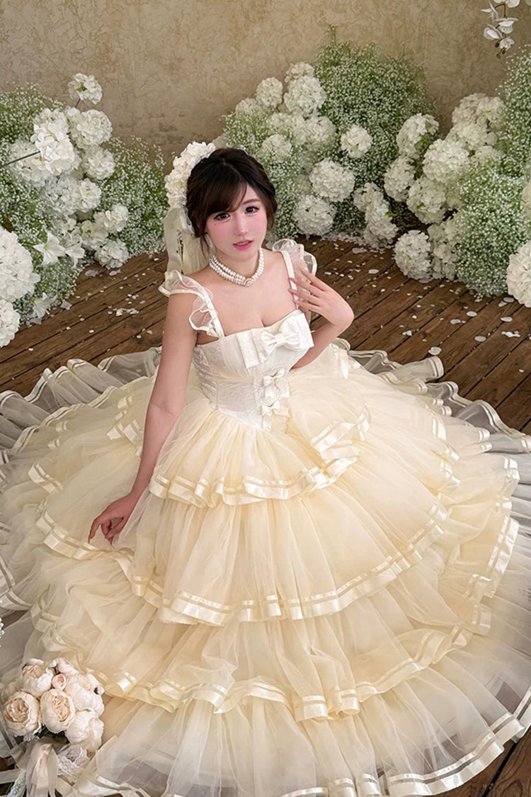 Sweet Organza Satin Sleeveless Multi-Layered Ruffled Hanayome Bow Lace Sweet Elegant Princess Lolita Jsk Dress