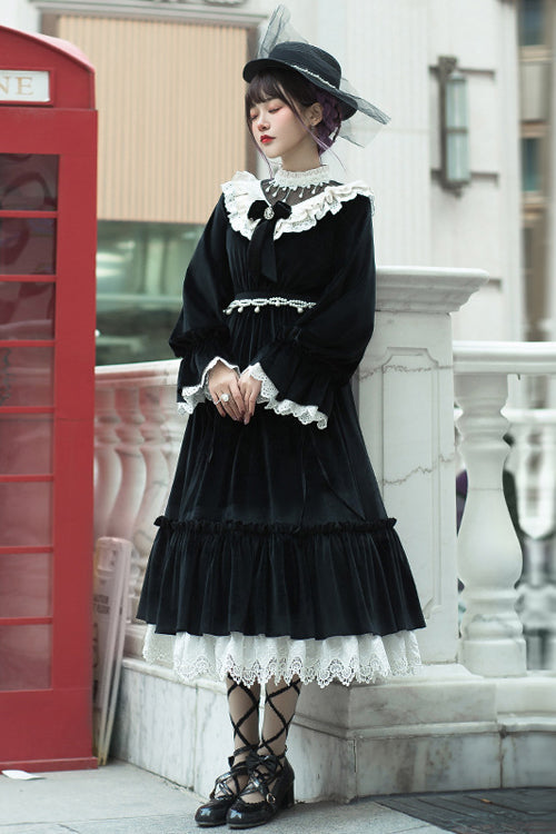Elegant Velvet Collar Long-Sleeve OP Dress in Black