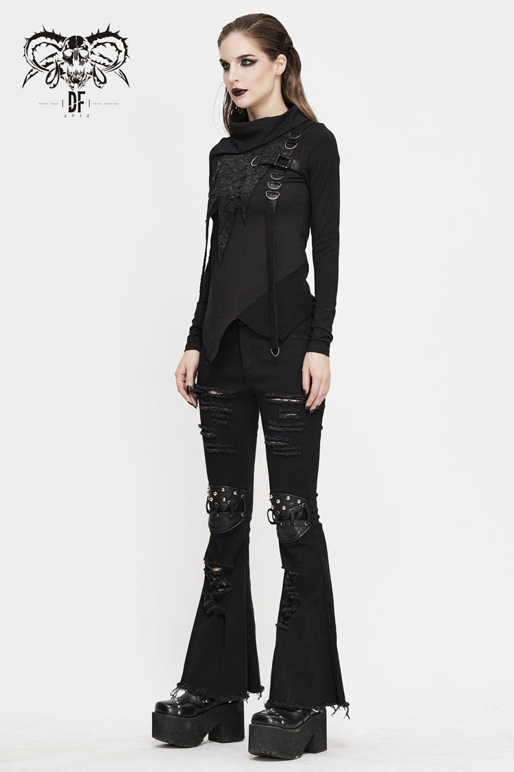 Women's Punk Tee with Cross Clasp and Asymmetric Hem - Noir