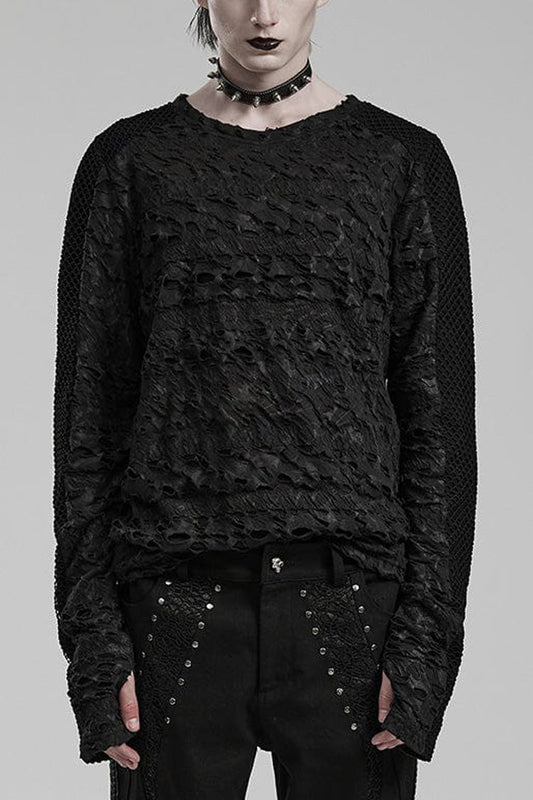 Gothic T-Shirt with Ripped Print and Stitching, Long-Sleeve Men's Tee