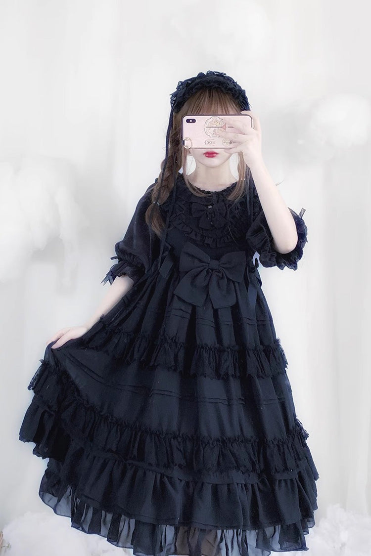 Gothic Lolita Dress with Short Sleeves Bowknot and Ruffle Trim
