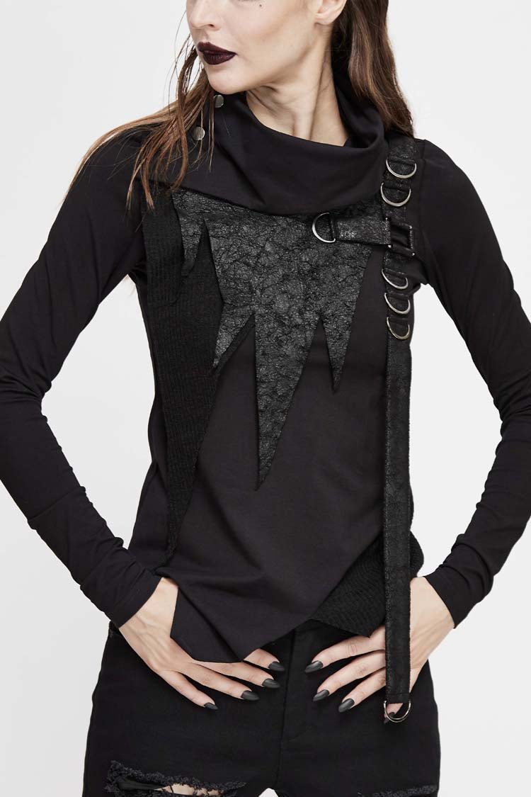 Women's Punk Tee with Cross Clasp and Asymmetric Hem - Noir