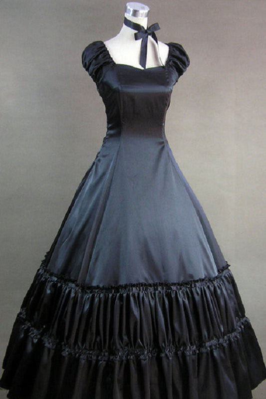 Floor-Length Victorian Gothic Lolita Gown with Square Neckline and Short Cap Sleeves in Cotton