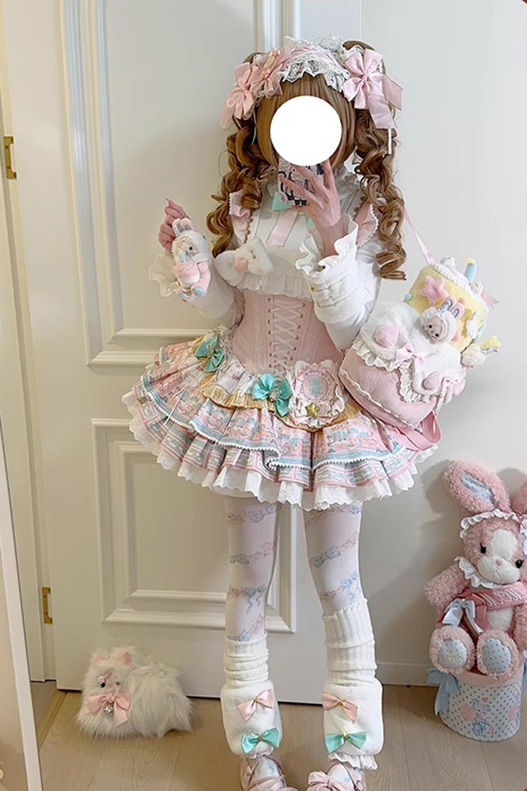 Candy House Multi-Layer Print Ruffle Bow Lace-Up Ballet Lolita JSK