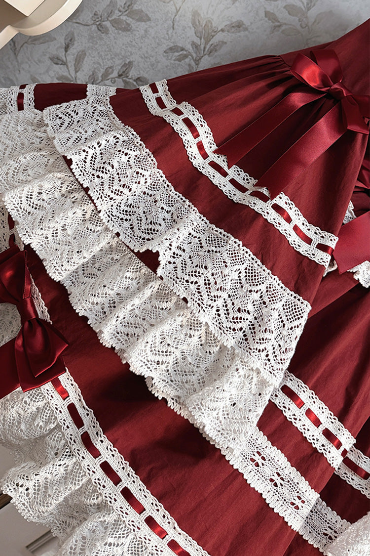 Burgundy Rabbit Sleeping Doll Print Flared Sleeves Ruffle Bow Lace Sweet Lolita Dress