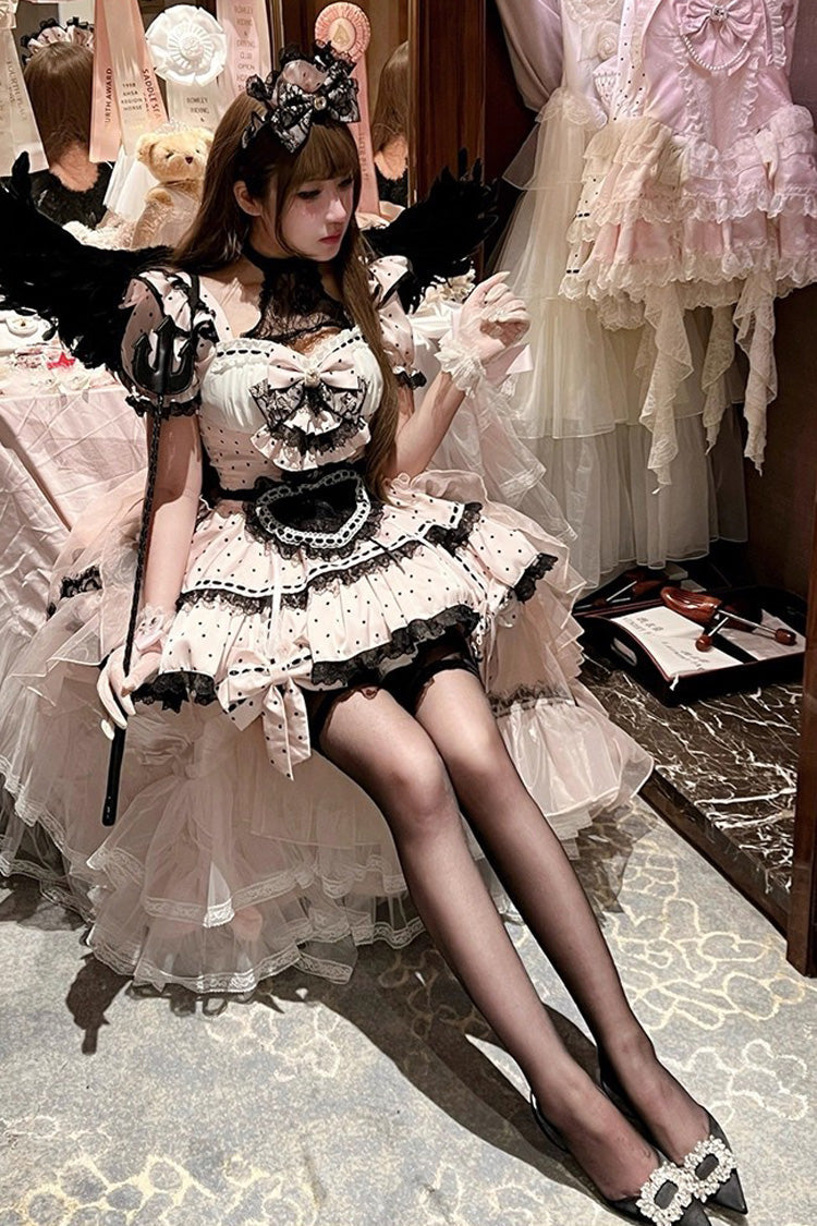 Apprentice Cupid Halterneck Short Sleeves Print Ruffle Bowknot Lace, Maid Sweet Lolita