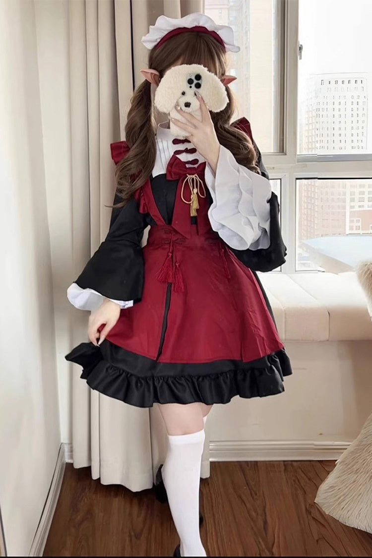 Crimson & Noir Maid Long Flared Sleeve Ruffled Bow Classic Plus Size Chinese Lolita Full Set