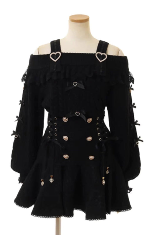Sweet Jirai Kei Skirt with Bowknot, Lace-Up & Double-Breasted Detail