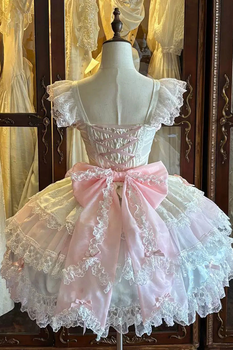 Pink Shadow Veil Square Collar Flutter Sleeves Multi-Layered Bow Lace Sweet Lolita Jsk Dress