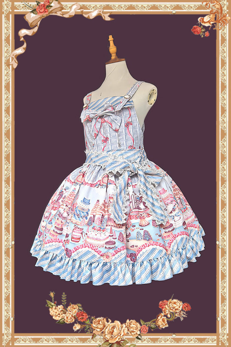 Square Collar Printed Strap Dress with Ruffles and Bow - Candy House