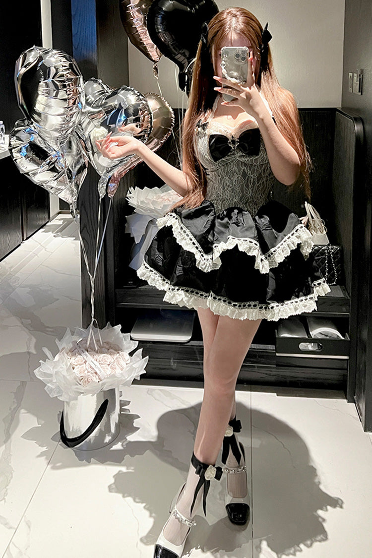 Halterneck Double-Layered Bow Lace Gothic Dress - Asking For A Kiss