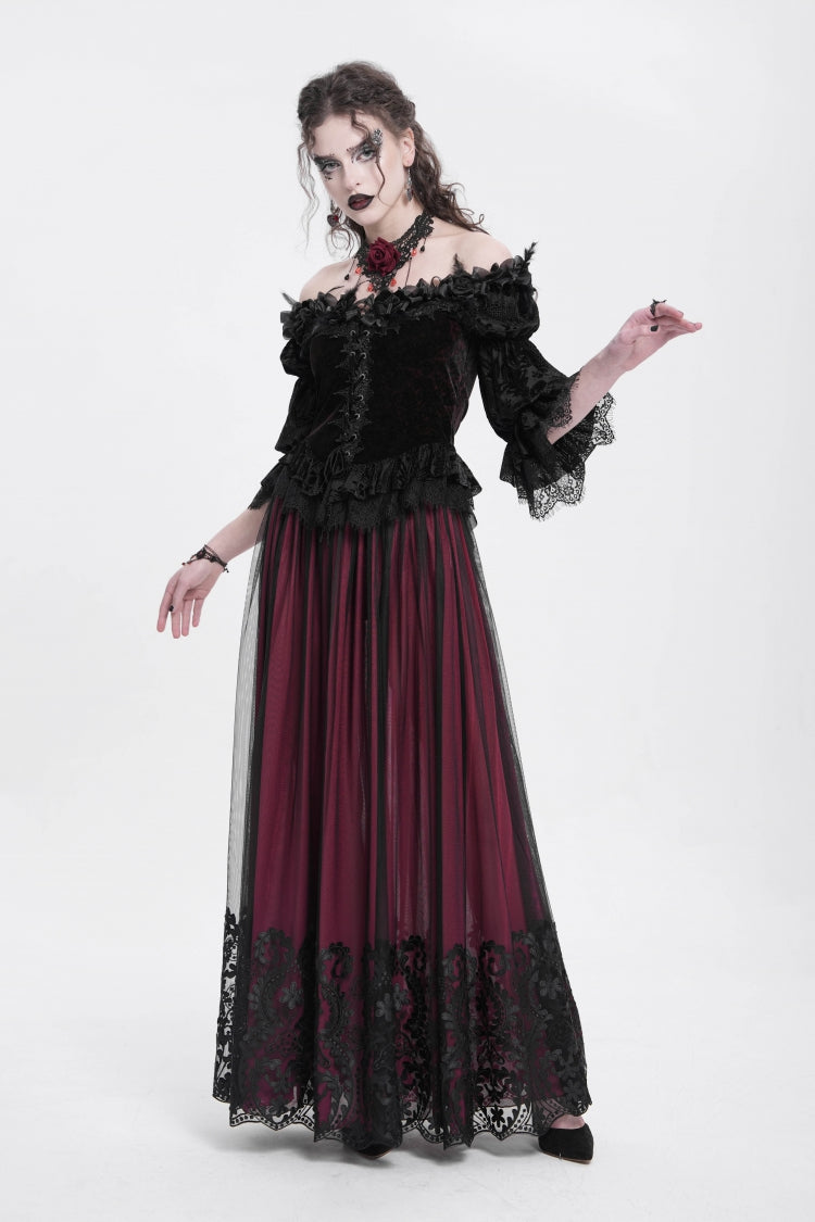 Crimson Gothic Blouse with Ruffled Sleeves and Lace-Up Front