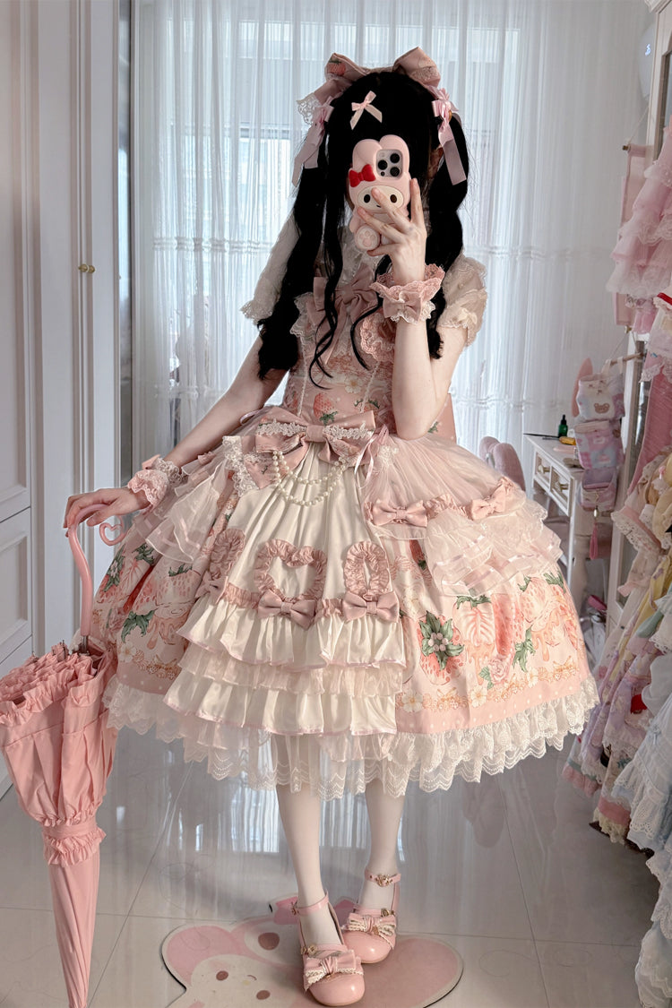 Berry Sweet Wish Square Collar JSK Set, Pearl Decorated Bow Lace Ruffled Print