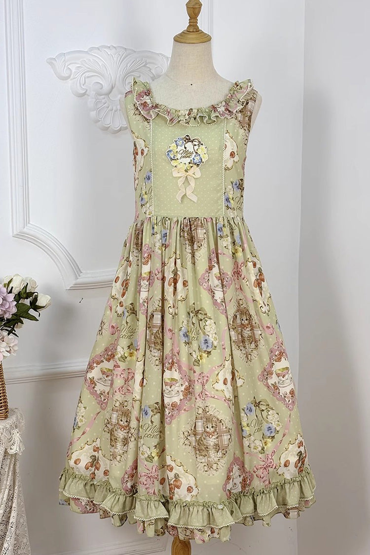Emerald Cat Rose Tea Sleeveless Floral Ruffle Bow Sweet Lolita Jumper