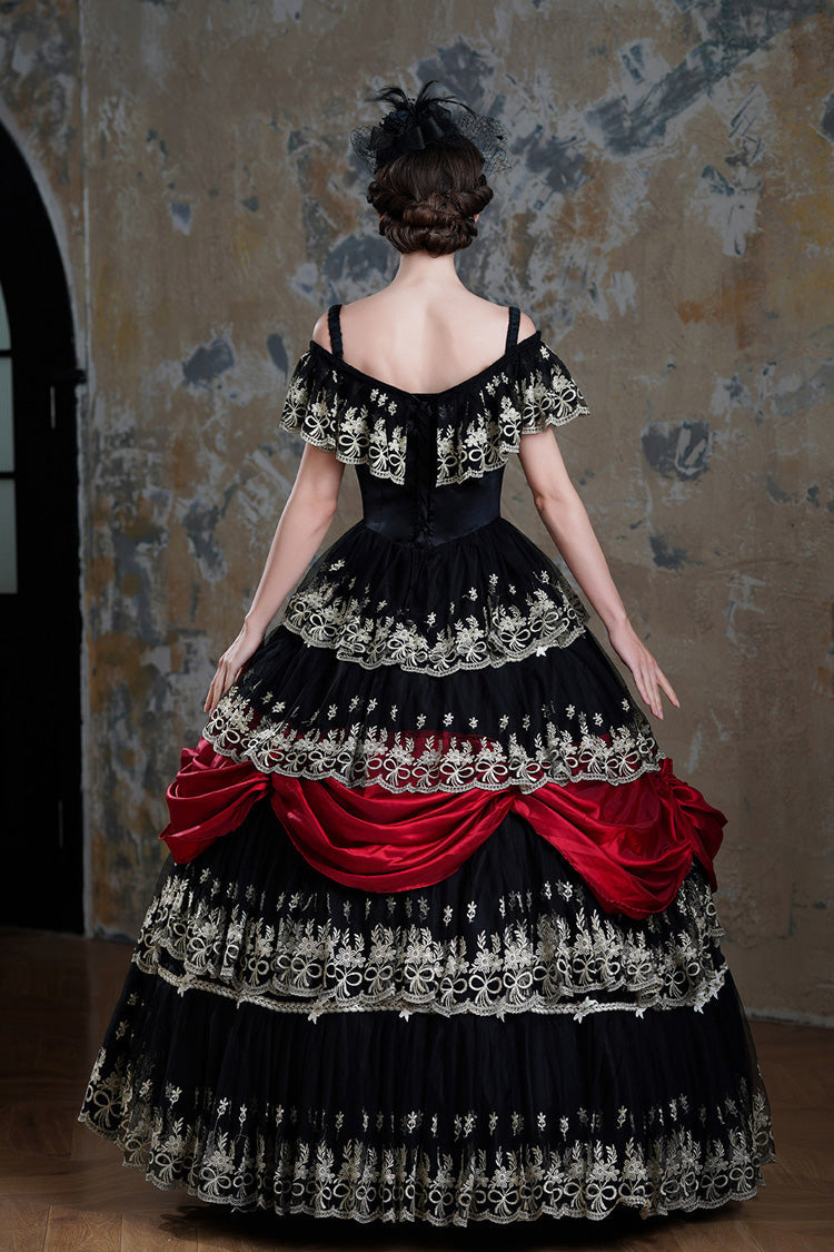 Crimson & Noir Off-Shoulder Short Sleeve Ruffled Mesh Victorian Lolita Palace Dress