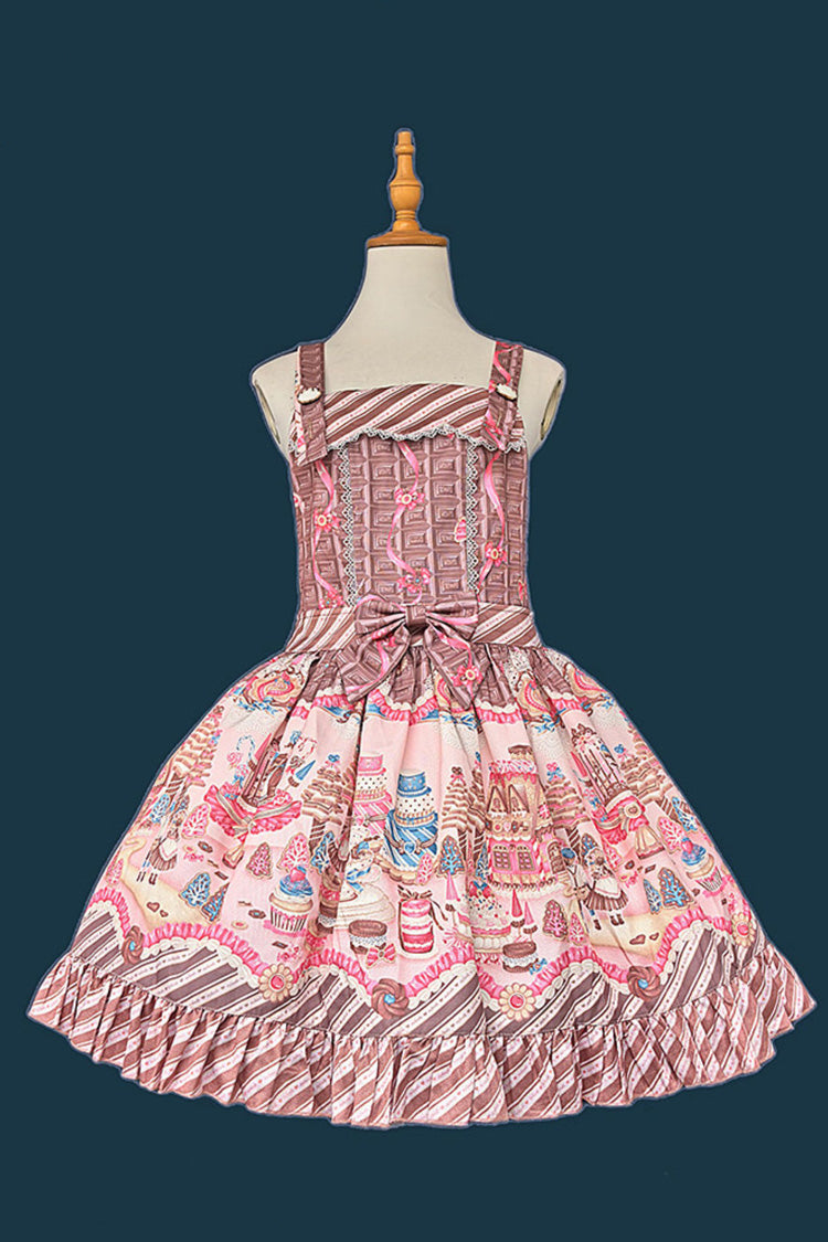 Sweet Lolita Strap Dress with Square Collar and Printed Ruffles