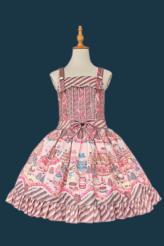 Sweet Lolita Strap Dress with Square Collar and Printed Ruffles