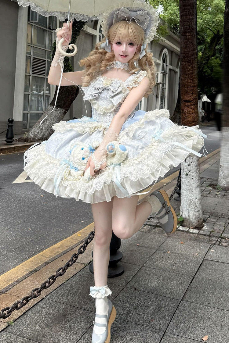 Dark Jacquard Print Bowknot Lace Sleeveless JSK - Blossoming Heart Love