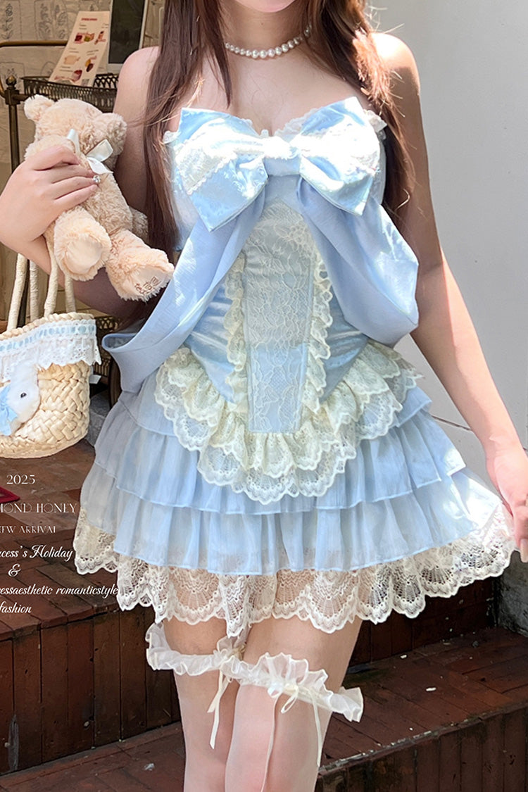 Double-Layered Ruffled Bow Lace Two-Piece Skirt Set - Antique Girl