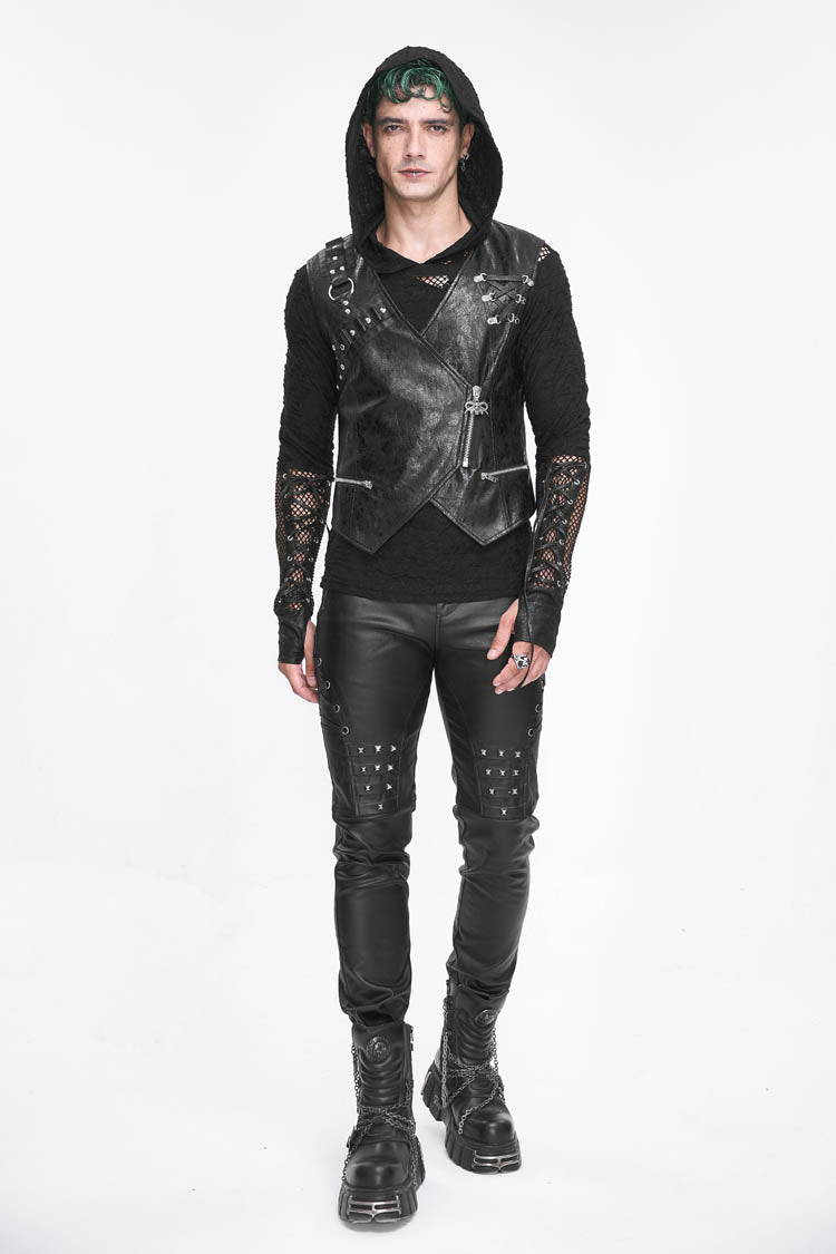 Men's Punk Faux Leather Vest with Zippers - Noir