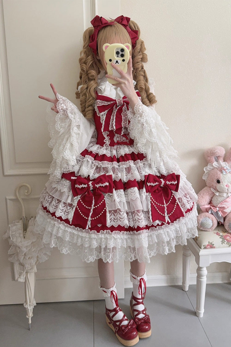 Burgundy Crossed Heart Knot Sleeveless Layered Ruffle Hanayome Cardigan Bow Lace Lace-Up Sweet Lolita JSK Dress