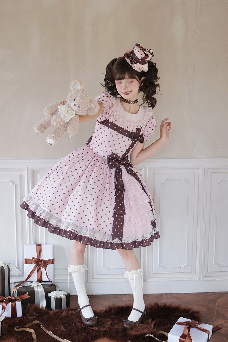 Canelé Gift Box Round Collar Short-Sleeve Polka Dot Ruffle Open Bow Asymmetric Lolita Dress