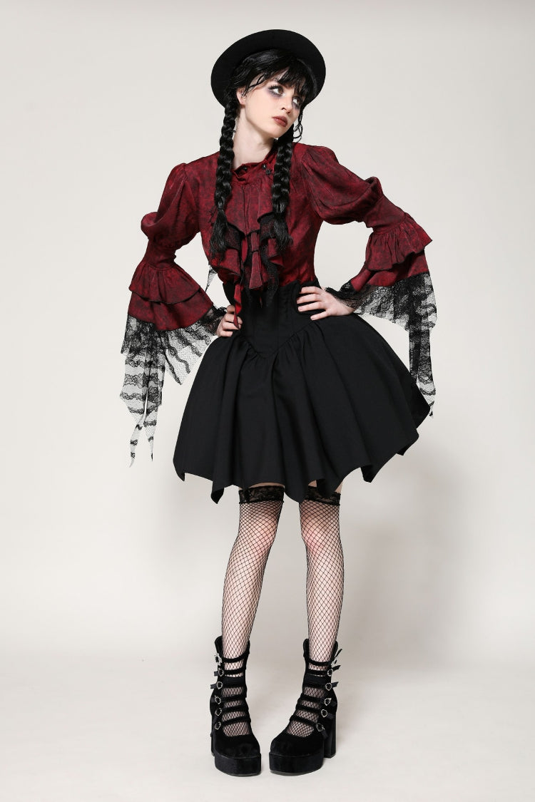 Crimson Gothic Blouse with Frilly Lace and Long Hime Sleeves