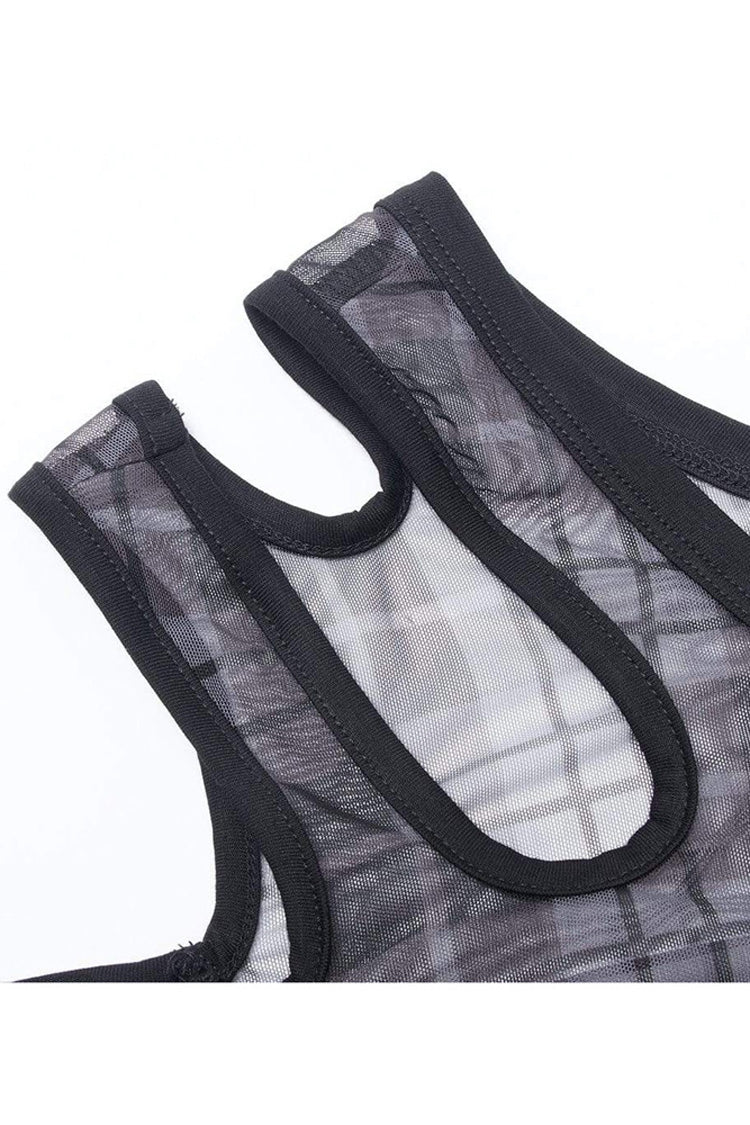Women's Punk T-Shirt with Asymmetrical Cutout Neckline, Strap Design, Plaid Mesh