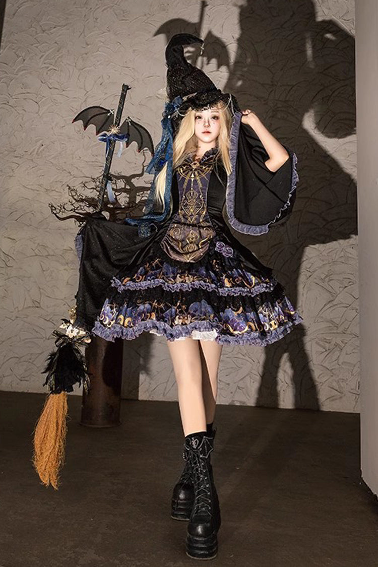 Double-Layered Print Ruffle Lace Gothic Dress - Astrology Cat